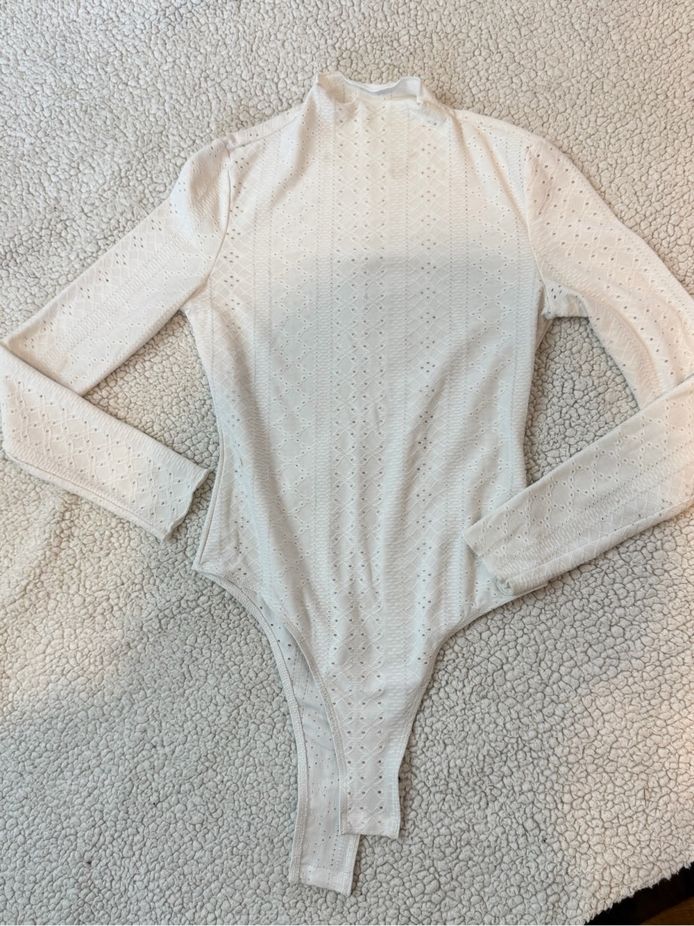 Cream Long-Sleeve Eyelet Mock Neck Bodysuit